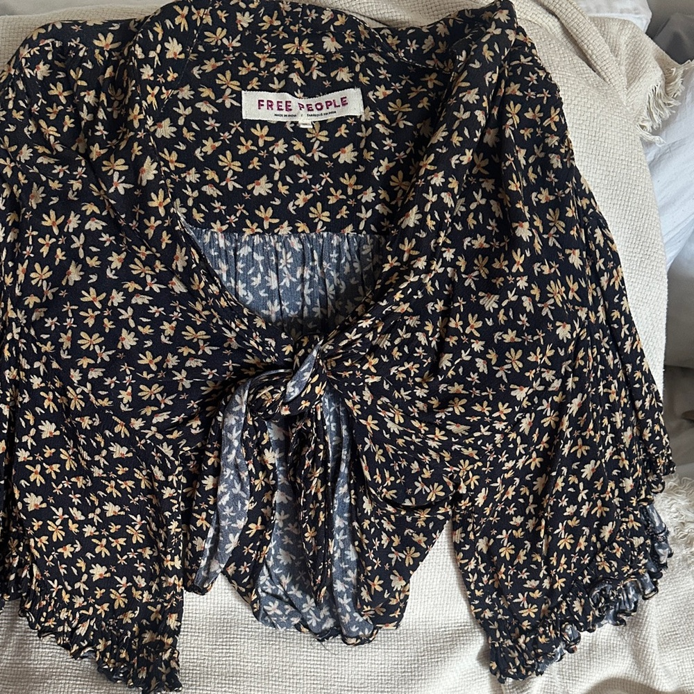 Free People Black and Cream Floral Blouse